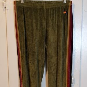 Aviator Nation Green Velour Track Pants Red & Yellow Side Stripes womens XL